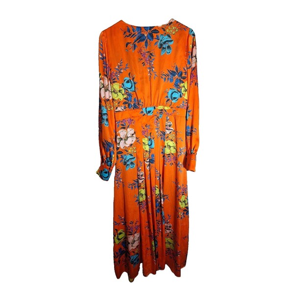 Free People Maxi Dress Sz L Orange Floral Wrap Bodice Side Button Front Boho - Picture 2 of 12
